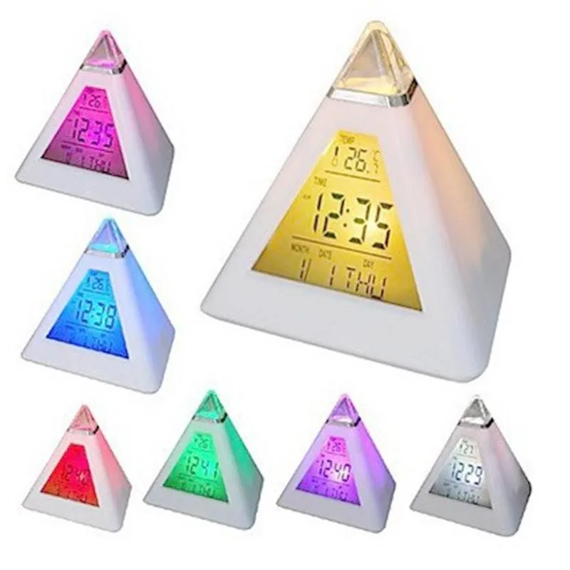 

New Fashion Color Changeable Alarm Clock Pyramid Temperature Alarm R5V0 7 Date Colors LED Led Change Backlight Clock With W6R9