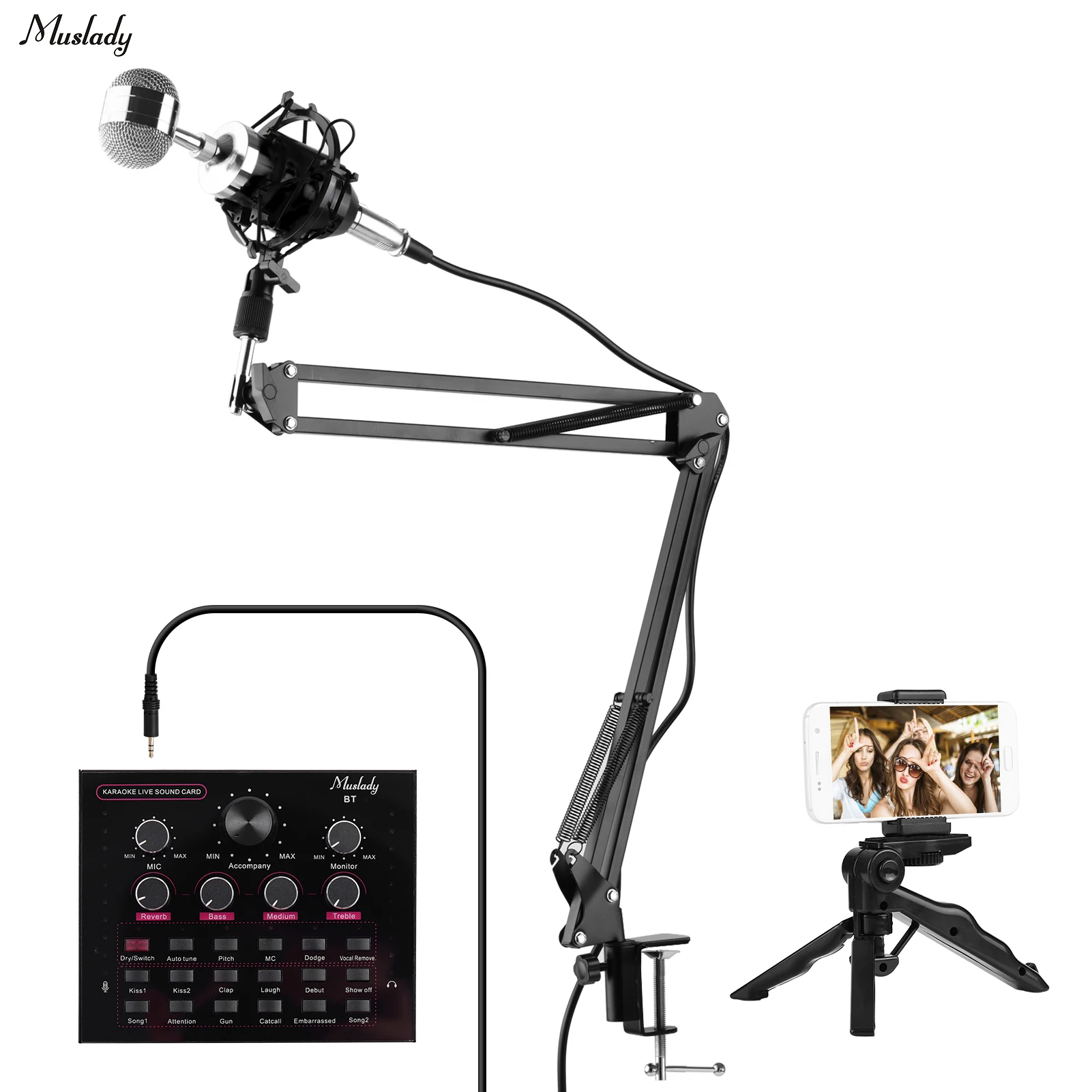 Muslady V12 Live Sound Card + Professional Condenser Microphone Kit with Windscreen XLR Audio Cable Boom Arm Shock Mount Phone
Muslady V12 Live Sound Card + Professional Condenser Microphone Kit with Windscreen XLR Audio Cable Boom Arm Shock Mount Phone