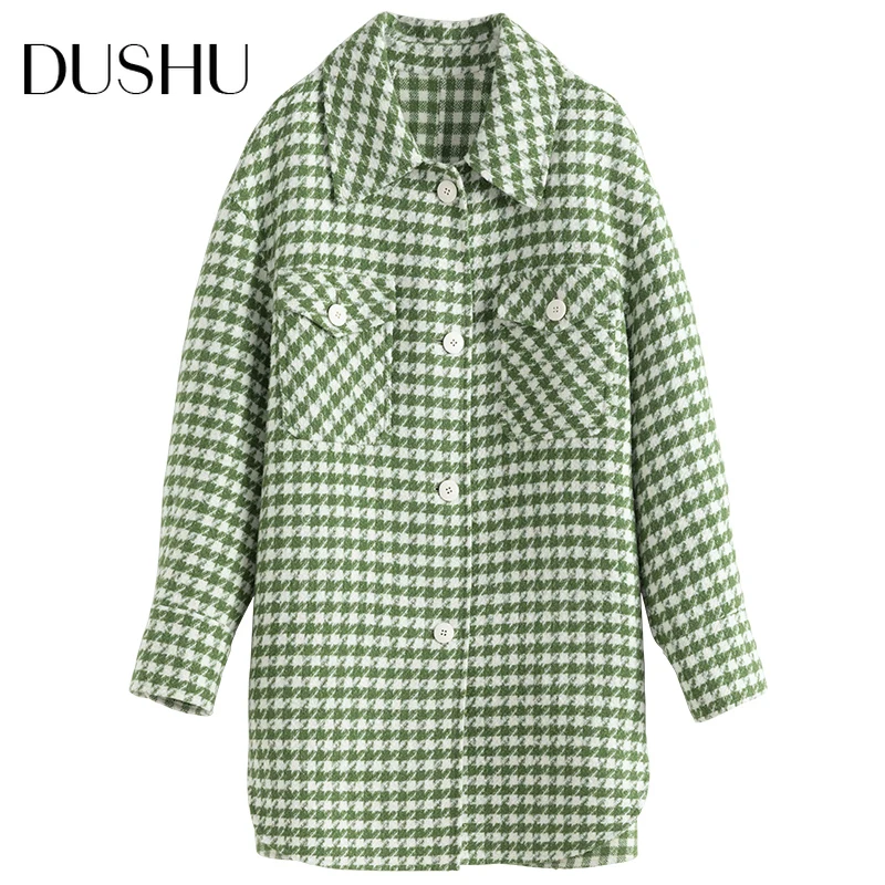 

DUSHU Green plaid wool blend coat plus size Women casual streetwear short winter coat Female woolen vintage oversized jacket