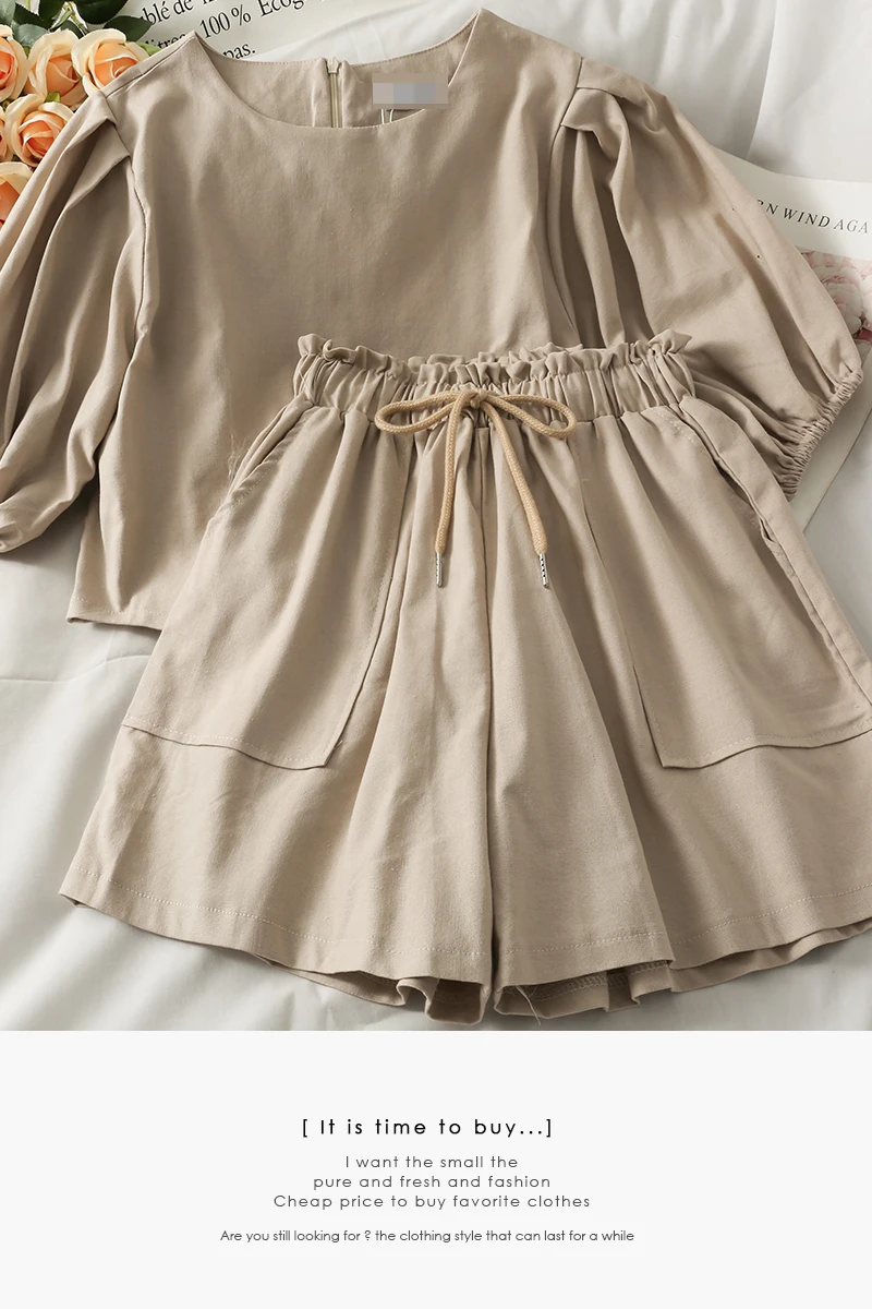 Suit women summer round neck loose thin puff sleeve short small shirt drawstring tie elastic waist wide-leg shorts
Suit women summer round neck loose thin puff sleeve short small shirt drawstring tie elastic waist wide-leg shorts