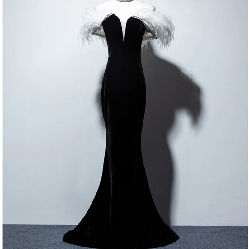 Feathers Boat Neck Evening Dress Simple Elegant Short Sleeves Lace Up Velour Mermaid Floor-Length Party Formal Gown Woman B630
Feathers Boat Neck Evening Dress Simple Elegant Short Sleeves Lace Up Velour Mermaid Floor-Length Party Formal Gown Woman B630