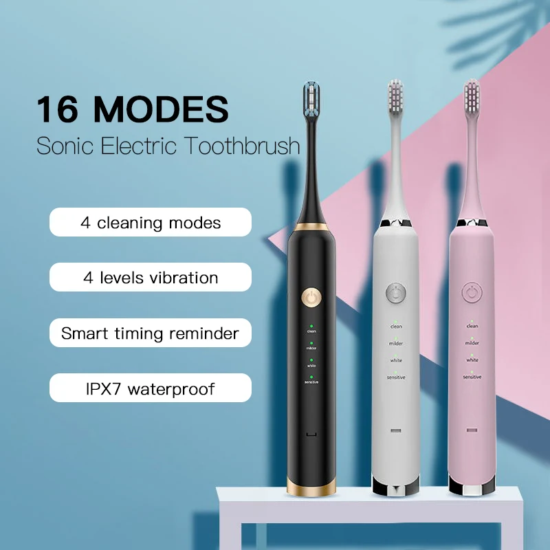 16Mode Sonic Electric Toothbrush 5 Replacement Brush Heads Ultrasonic USB Rechargeable Electronic Smart Traveling Brush Teeth
16Mode Sonic Electric Toothbrush 5 Replacement Brush Heads Ultrasonic USB Rechargeable Electronic Smart Traveling Brush Teeth
