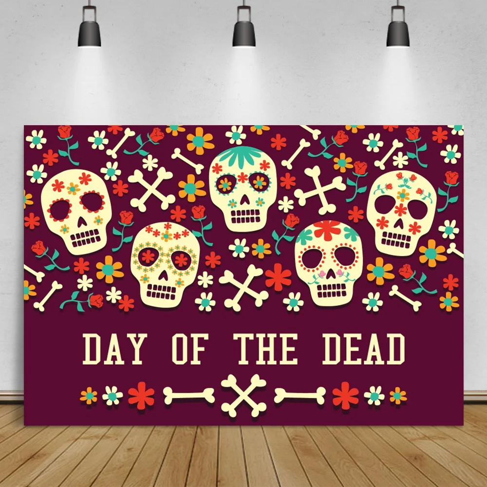 

Laeacco Day of The Dead Mexican Festival Party Skeleton Flower Backdrop For Photographic Family Party Background Photo Studio