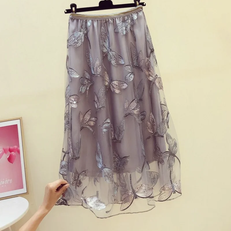 Butterfly Embroidery Women Skirts 2021 Summer New High Waist A-Line Mesh Knee-Length Office Lady Elegant Skirts Top Quality
Butterfly Embroidery Women Skirts 2021 Summer New High Waist A-Line Mesh Knee-Length Office Lady Elegant Skirts Top Quality
