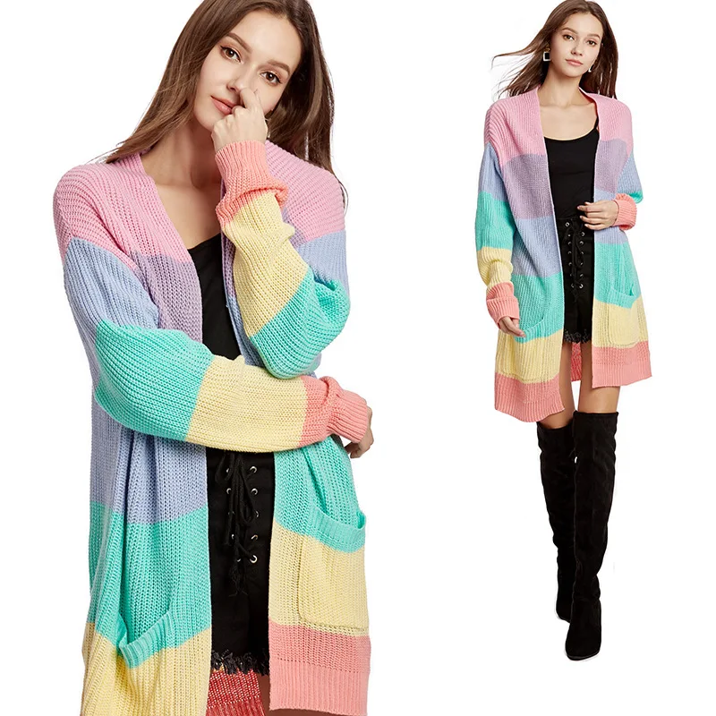 New Loose Long Knitted Cardigan European Style Fashion Large Women Sweater Rainbow Stitching Casual Ladies Outer Elegant Coat
New Loose Long Knitted Cardigan European Style Fashion Large Women Sweater Rainbow Stitching Casual Ladies Outer Elegant Coat