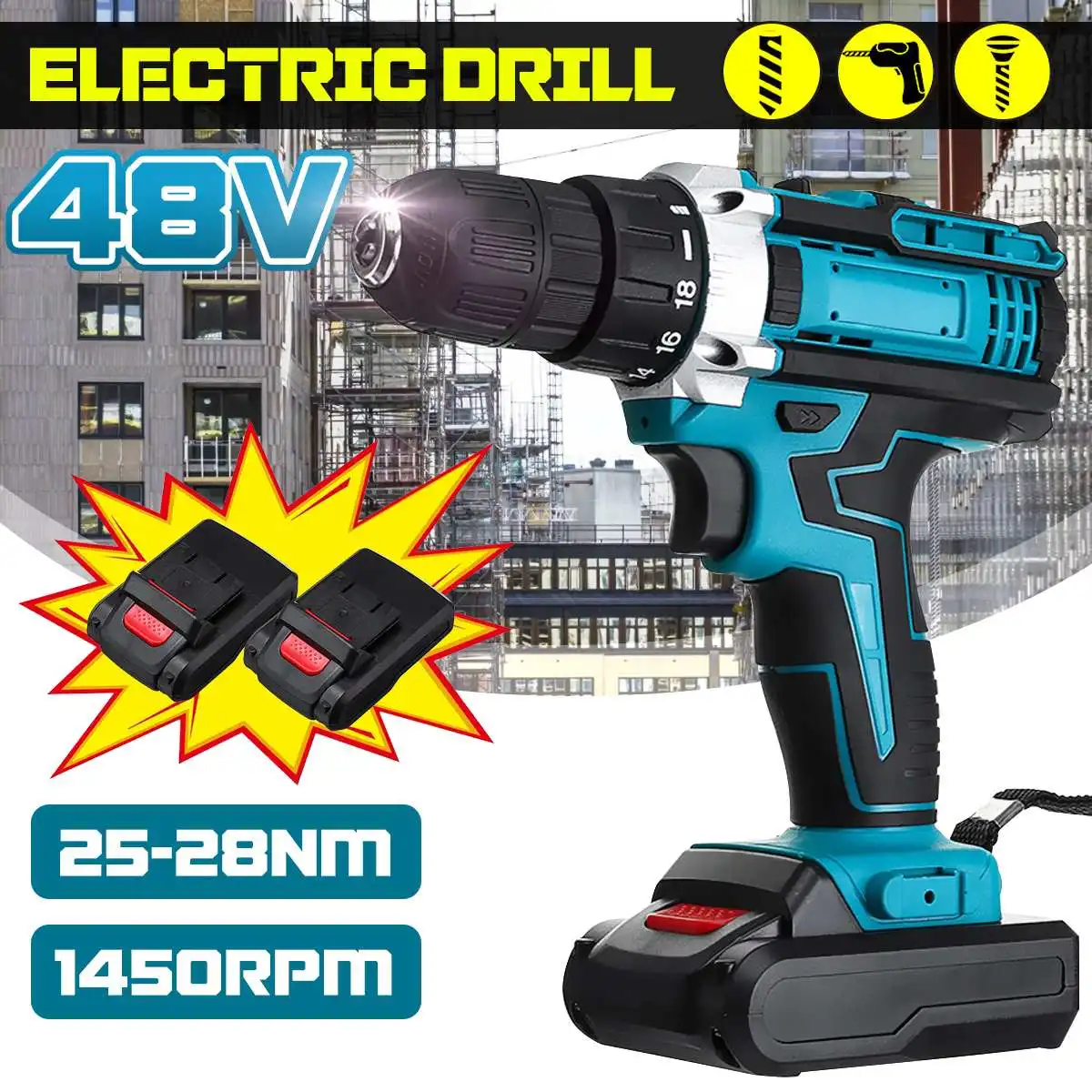 48V 3 In 1 Cordless Drill Dual Speed Electric Screwdriver 18+2 Torque Power Driver With 1/2Pcs Rechargeable Lithium-Ion Battery
48V 3 In 1 Cordless Drill Dual Speed Electric Screwdriver 18+2 Torque Power Driver With 1/2Pcs Rechargeable Lithium-Ion Battery