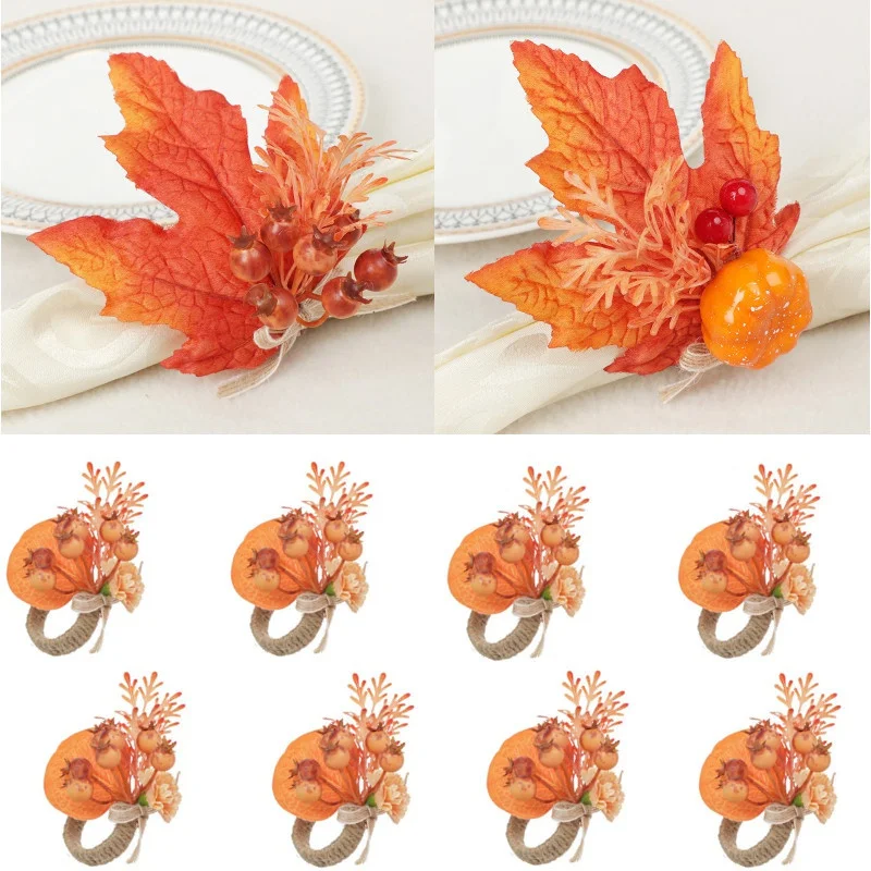 

4pcs Handmade Napkin Rings Pumpkin Napkin Buckle Jute Burlap Napkin Holder Artificial Flower Thanksgiving Day Dinner Table Decor