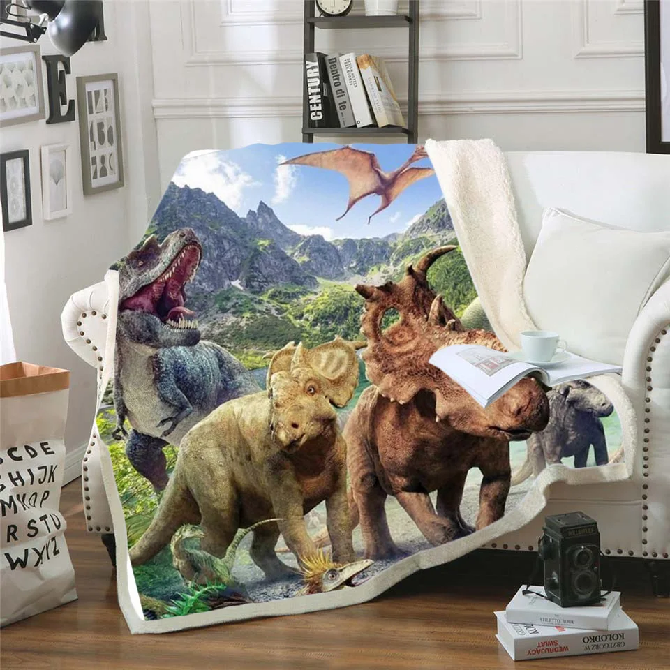 

Dinosaur Jurassic Funny Character Blanket 3D Print Sherpa Blanket on Bed Home Textiles Dreamlike Style 06