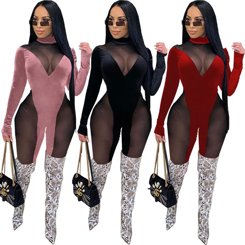 

FIXSYS Sexy Sheer Mesh Patchwork Velvet Jumpsuit Fashion Mock Neck Long Sleeve Bodycon Romper Autumn Night Club One Piece