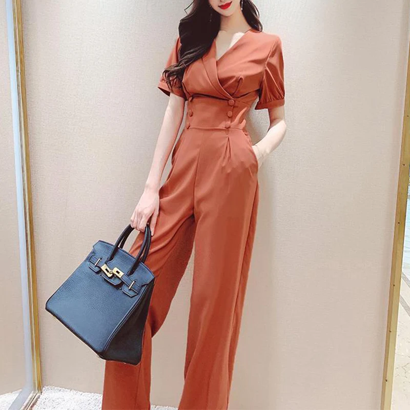 Simple Jumpsuit Women Summer 2020 New Korean Fashion Full Length Short Sleeve Button Female Clothes Office Lady Elegant Jumpsuit 
Simple Jumpsuit Women Summer 2020 New Korean Fashion Full Length Short Sleeve Button Female Clothes Office Lady Elegant Jumpsuit