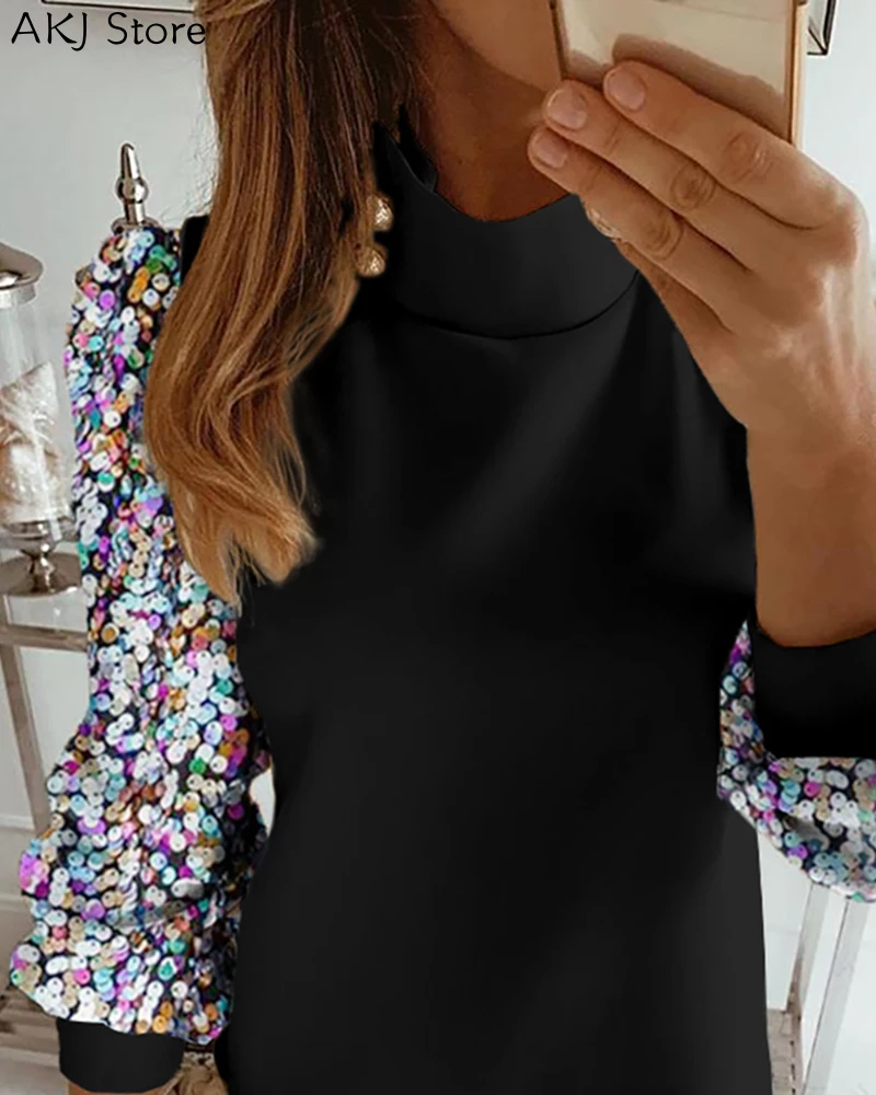 Women Fashion Elegant Colorblock Insert Mock Neck Lantern Sleeve Sequins Dress
Women Fashion Elegant Colorblock Insert Mock Neck Lantern Sleeve Sequins Dress