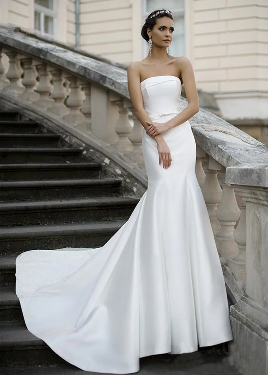 New Strapless Pleat Matte Satin Mermaid Applique Lace Wedding Dress Bow Sash Bridal Gowns vestidos de novia encaje
New Strapless Pleat Matte Satin Mermaid Applique Lace Wedding Dress Bow Sash Bridal Gowns vestidos de novia encaje