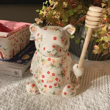 Cute Bear Ceramic Sauce Jar Honey Pot With Lid With Stirring Rod Creative Home Decoration Storage Kitchen Accessories Utensils