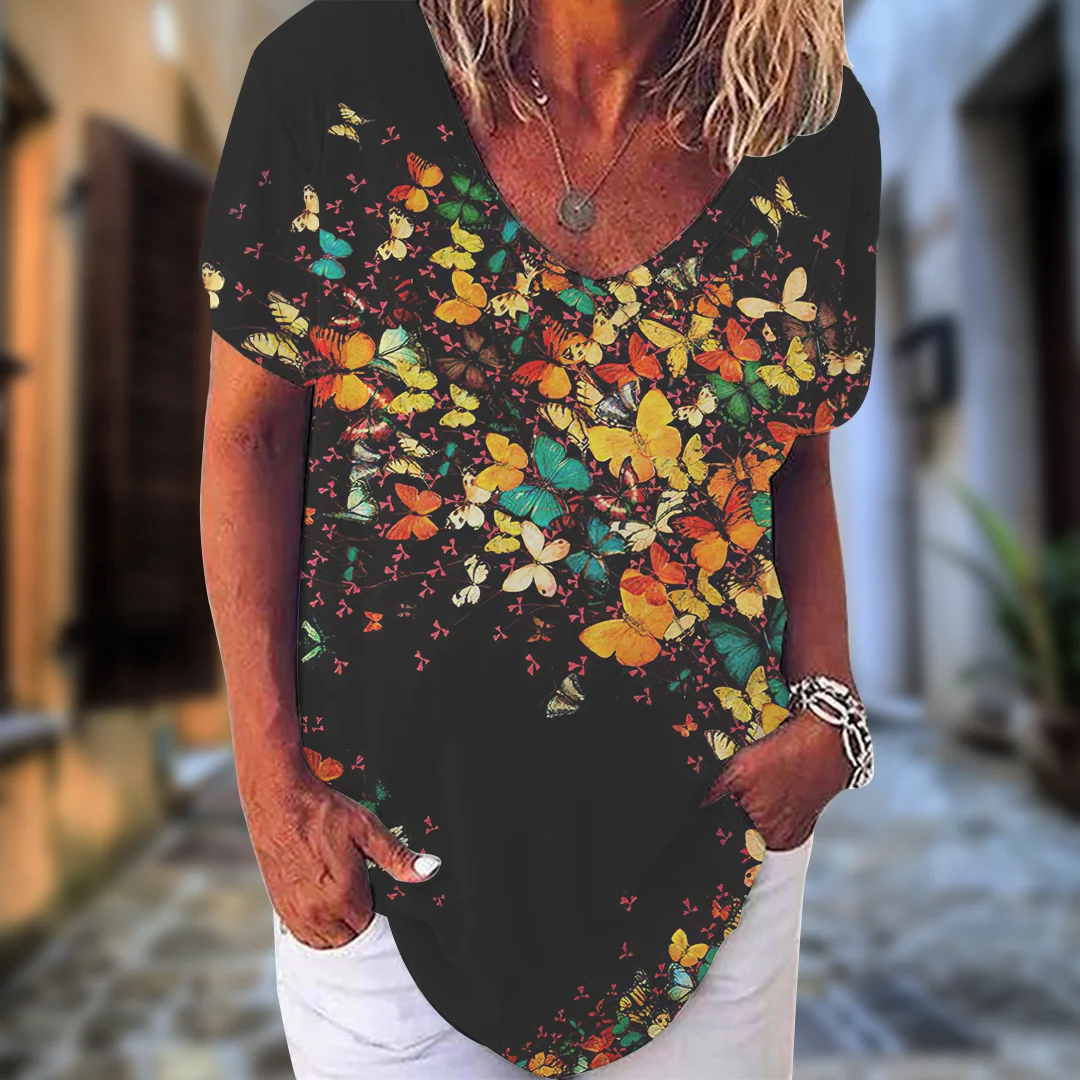 New Oversized Summer Butterfly Print T Shirt Women Short Sleeve 3D Shirt Fashion Casual V-Neck Ladies Plus Size Loose Top 2022
New Oversized Summer Butterfly Print T Shirt Women Short Sleeve 3D Shirt Fashion Casual V-Neck Ladies Plus Size Loose Top 2022