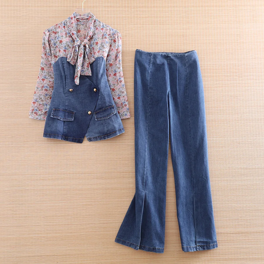 High-end Women 2 pieces Set Bow Print Denim Slim Top + Blue Bell-bottomed Pants Elegant Lady Suit Female S-XL
High-end Women 2 pieces Set Bow Print Denim Slim Top + Blue Bell-bottomed Pants Elegant Lady Suit Female S-XL