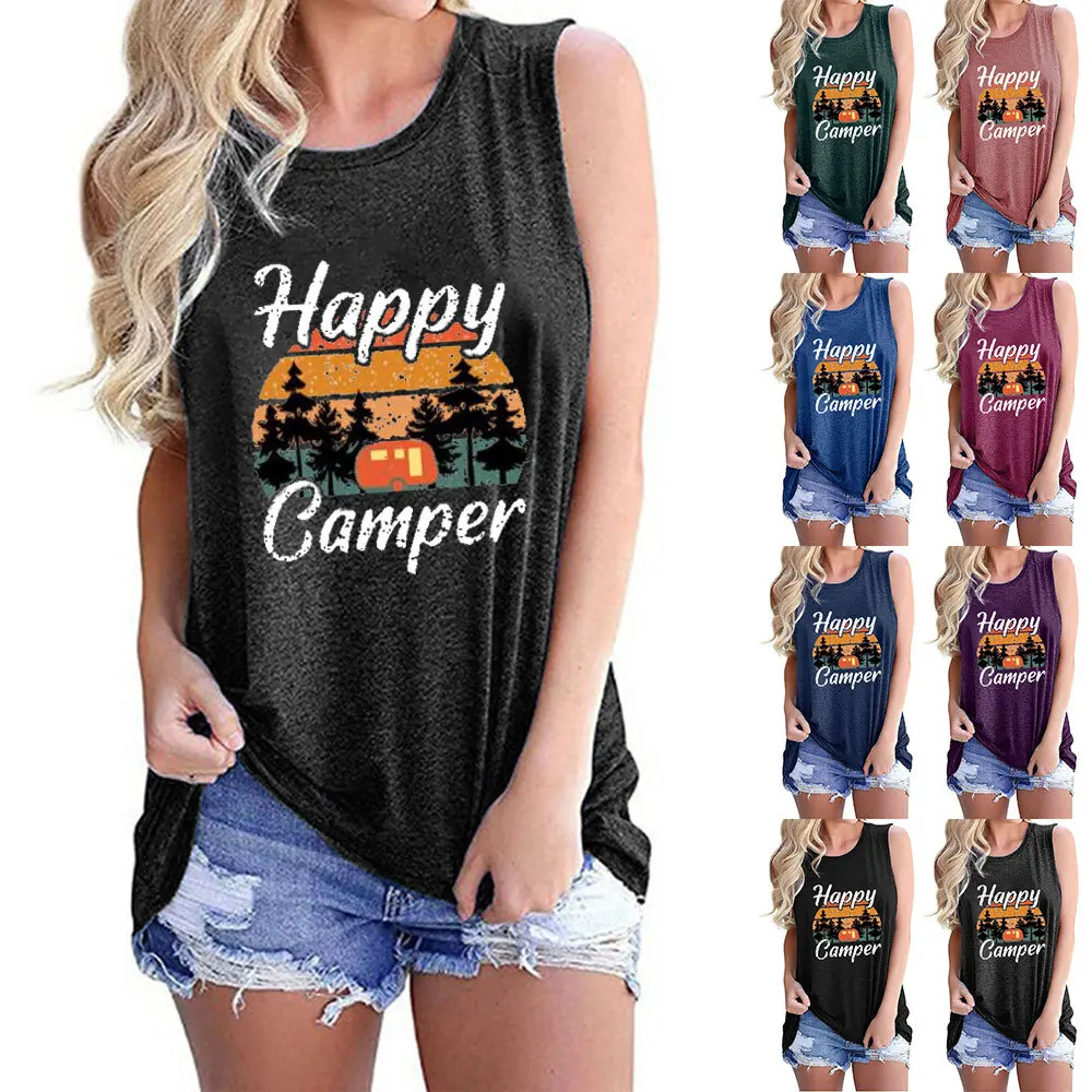 2021 Summer Top Womens Tank Top Fashion Round Neck Letter Happy Camper Print Sleeveless T-shirt Femme Casual Tops Tee Shirt
2021 Summer Top Womens Tank Top Fashion Round Neck Letter Happy Camper Print Sleeveless T-shirt Femme Casual Tops Tee Shirt