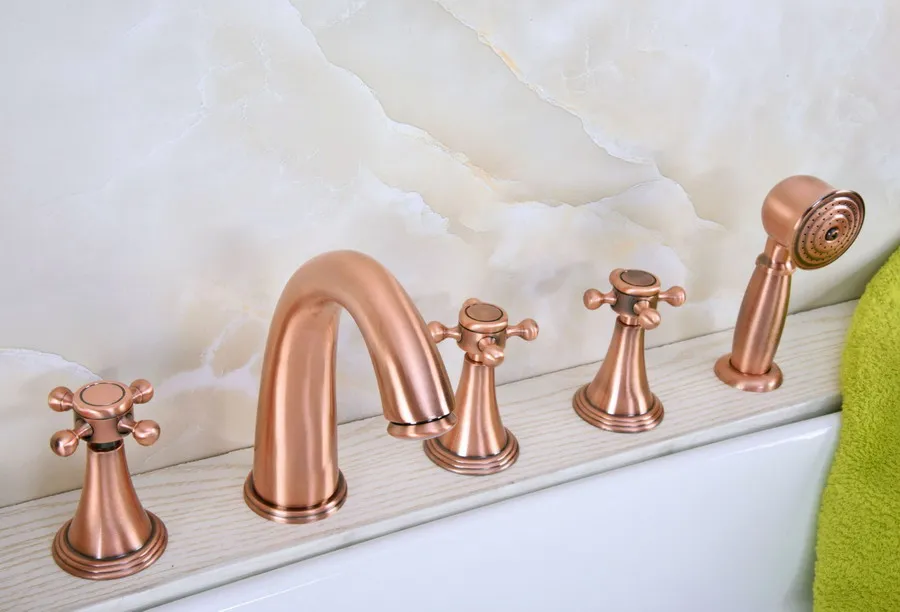 Antique Red Copper Brass Widespread Three Handles Deck Mounted 5 Holes Bathroom Tub Faucet Mixer Tap With Handshower mtf205
Antique Red Copper Brass Widespread Three Handles Deck Mounted 5 Holes Bathroom Tub Faucet Mixer Tap With Handshower mtf205