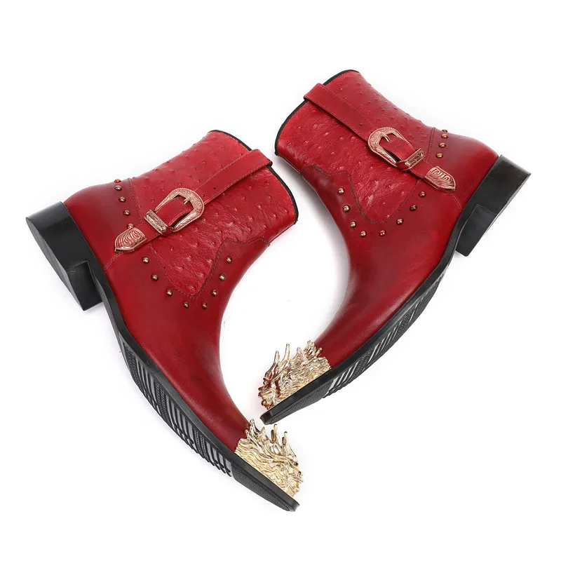 Autumn and winter Short boots man Ostrich pattern Rivet Chelsea boots Metal Tip Red Fashion boots Belt buckle Short boots
Autumn and winter Short boots man Ostrich pattern Rivet Chelsea boots Metal Tip Red Fashion boots Belt buckle Short boots