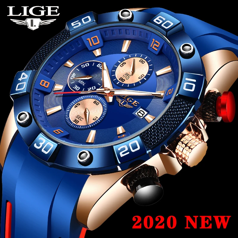 

Часы Reloj Hombre 2020 LIGE Мужские кварцевые, спортивные светящиеся водонепроницаемые из силикагеля, с хронографом, с календарем для дайвинга в стил...