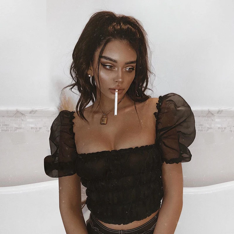 Women Crop Tops Black Summer 2019 Ruched Croptop Puff Sleeve Sexy See Through Sheer Tank Mesh Ruffles High Street Top | Женская одежда