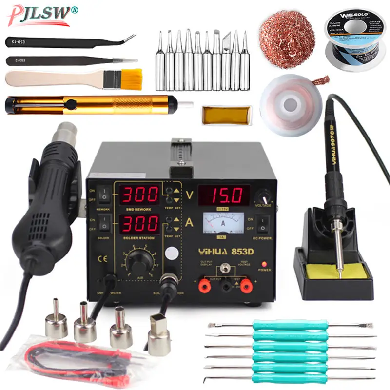 853D Soldering Iron Station With Hot Air Gun SMD Rework Station DC Power Supply 3 In 1 Soldering Tool BGA desoldering station
853D Soldering Iron Station With Hot Air Gun SMD Rework Station DC Power Supply 3 In 1 Soldering Tool BGA desoldering station
