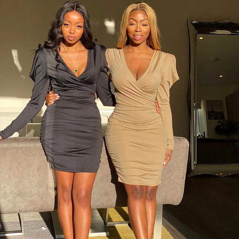 Женские платья с оборками и длинным рукавом, соблазнительное облегающее мини-платье с глубоким V-образным вырезом и рюшами, осенняя одежда ... 
Женские платья с оборками и длинным рукавом, соблазнительное облегающее мини-платье с глубоким V-образным вырезом и рюшами, осенняя одежда ...