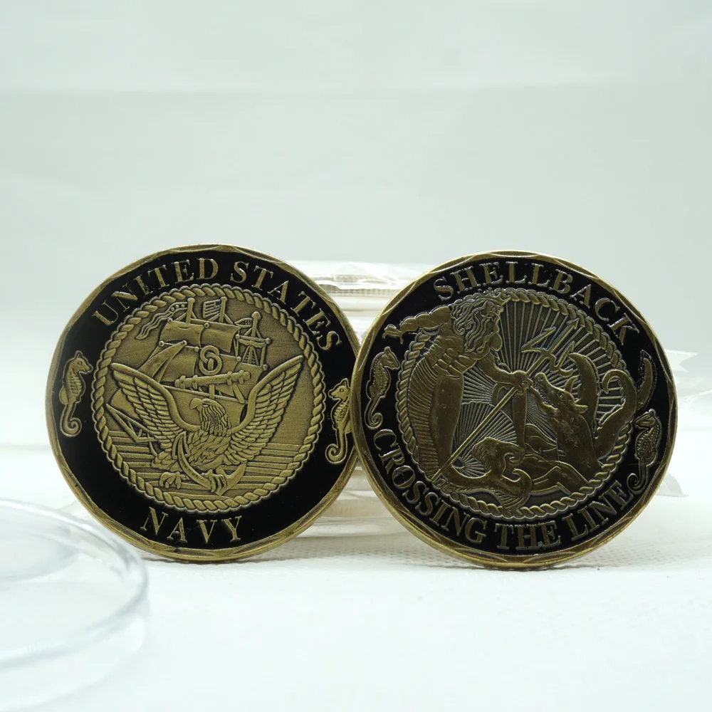

2PCS USA Navy Shellback Crossing The Line US Sailor Commemorative Souvenir Gold Plated Metal Challenge Coin Gifts