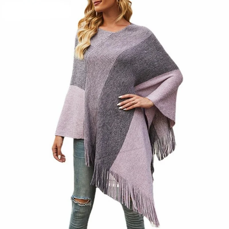 

Cloak Shawl Poncho Womens Coats and Capes Knitting Ponchos Fashion Knitted Pullover Shawl with Stripe Patterns and Fringed Sides