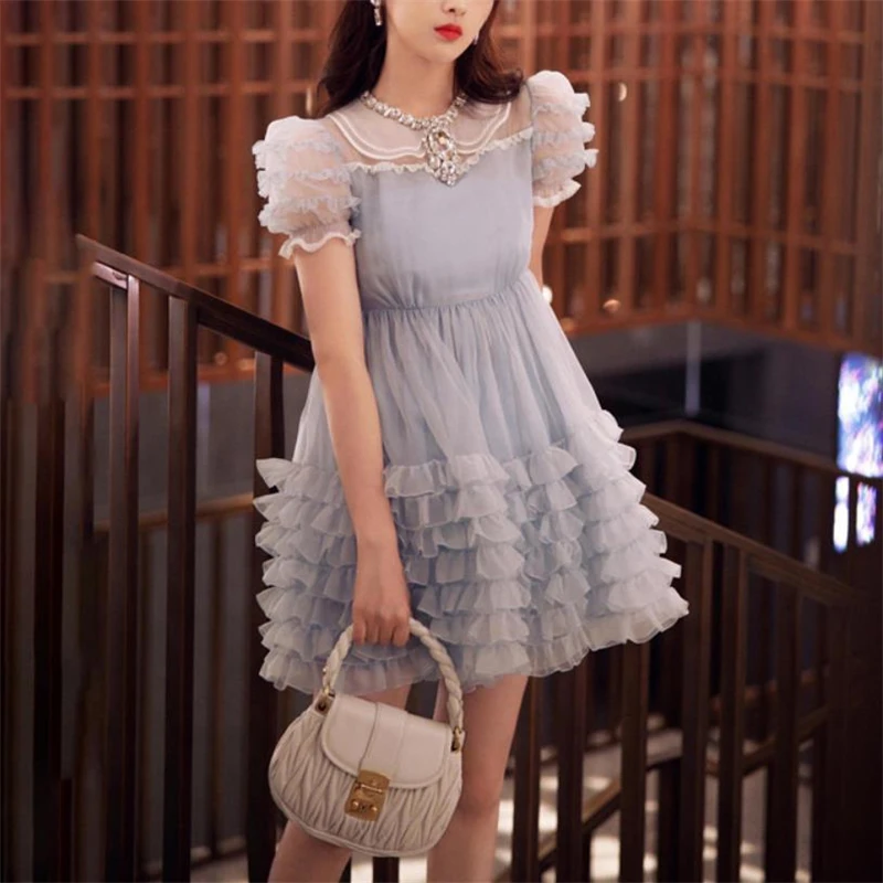2021 Summer New Sweet Princess Mesh Dress Women Diamond Crystal Necklace Peter pan Collar Puff Sleeve Mini Ball Gown Dress Y770
2021 Summer New Sweet Princess Mesh Dress Women Diamond Crystal Necklace Peter pan Collar Puff Sleeve Mini Ball Gown Dress Y770