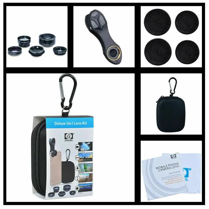 Apexel 5 in 1 HD Camera Lens Kit Universal Clip Fisheye Wide Angle Macro Camera Super 15X Macro+Wide 0.63X for iPhone Smartphone
Apexel 5 in 1 HD Camera Lens Kit Universal Clip Fisheye Wide Angle Macro Camera Super 15X Macro+Wide 0.63X for iPhone Smartphone