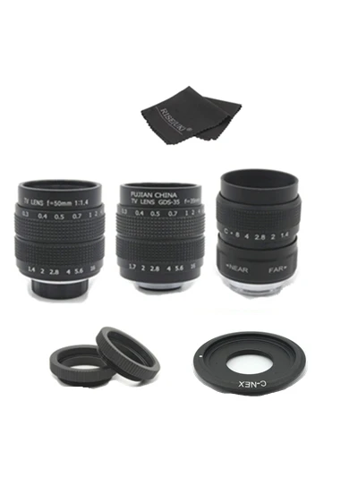 FUJIAN 35mm F1.7 CCTV Movie Lens + 25mm f1.4 TV Lens + 50mm f1.4 TV Lens for SONY E Mount A6500 A6300 A6100 NEX Series Camera
FUJIAN 35mm F1.7 CCTV Movie Lens + 25mm f1.4 TV Lens + 50mm f1.4 TV Lens for SONY E Mount A6500 A6300 A6100 NEX Series Camera