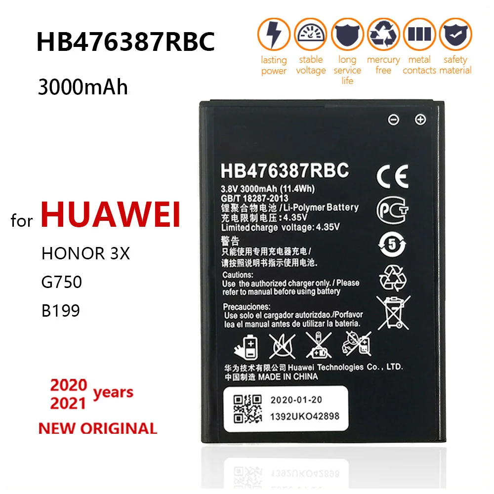 100% Original 3000mAh HB476387RBC Battery For Huawei Honor 3X G750 B199 Mobile Phone High Quality Batteries Batteria
100% Original 3000mAh HB476387RBC Battery For Huawei Honor 3X G750 B199 Mobile Phone High Quality Batteries Batteria