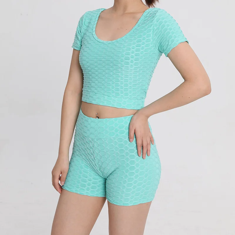 2021 Summer Short Sleeve Solid Color High Waist Hip Bubble Shorts Fitness Sports Suit Women Two Pieces Legging Set Women
2021 Summer Short Sleeve Solid Color High Waist Hip Bubble Shorts Fitness Sports Suit Women Two Pieces Legging Set Women