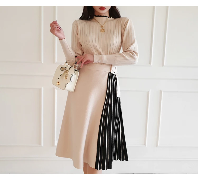 Women Dress Warm Thick Long Sleeve Pleated Mid Dress Vestidos Korean New Apricot/Black Striped Patchwork Elegant Sweater
Women Dress Warm Thick Long Sleeve Pleated Mid Dress Vestidos Korean New Apricot/Black Striped Patchwork Elegant Sweater