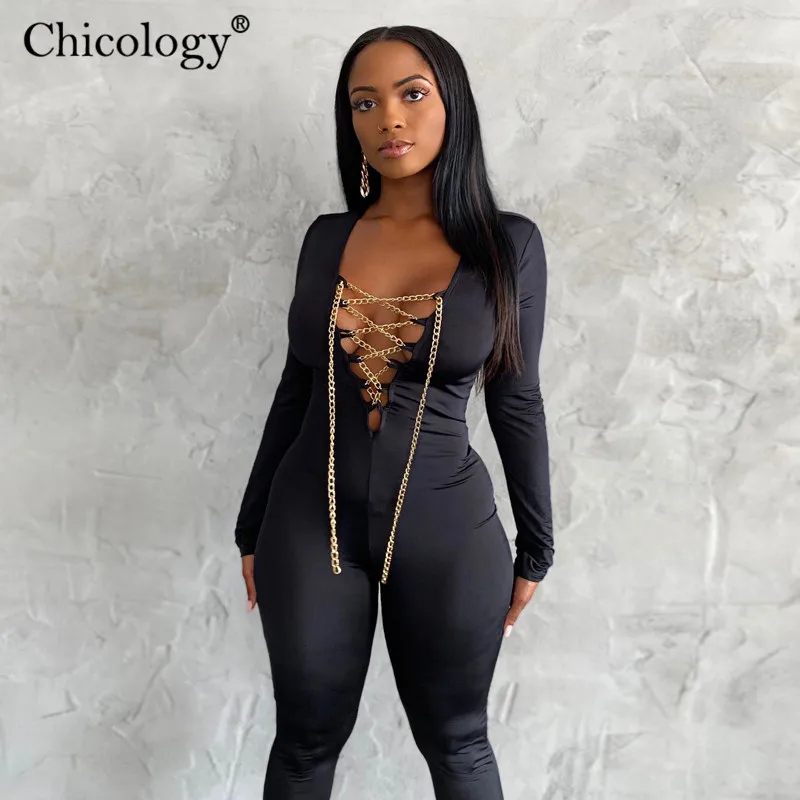 Chicology цепи Сексуальная Толстовка комбинезон Bodycon клуб наряды женщин с длинным