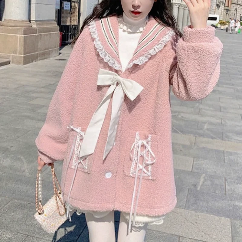 Winter Kawaii Sweet Fleece Jacket Women Pink Lace Patchwork Japanese Lamb Wool Coat Elegant Ribbon Designer Overcoat Female 2021 
Winter Kawaii Sweet Fleece Jacket Women Pink Lace Patchwork Japanese Lamb Wool Coat Elegant Ribbon Designer Overcoat Female 2021