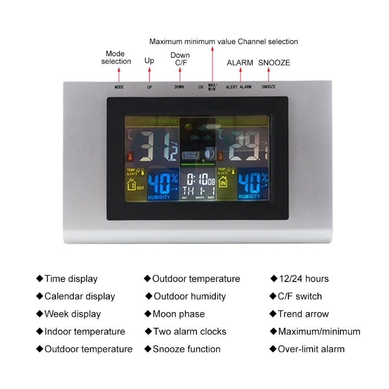 Wireless Weather Station Forecast Thermometer Hygrometer with Alarm & Calendar 35ED
Wireless Weather Station Forecast Thermometer Hygrometer with Alarm & Calendar 35ED