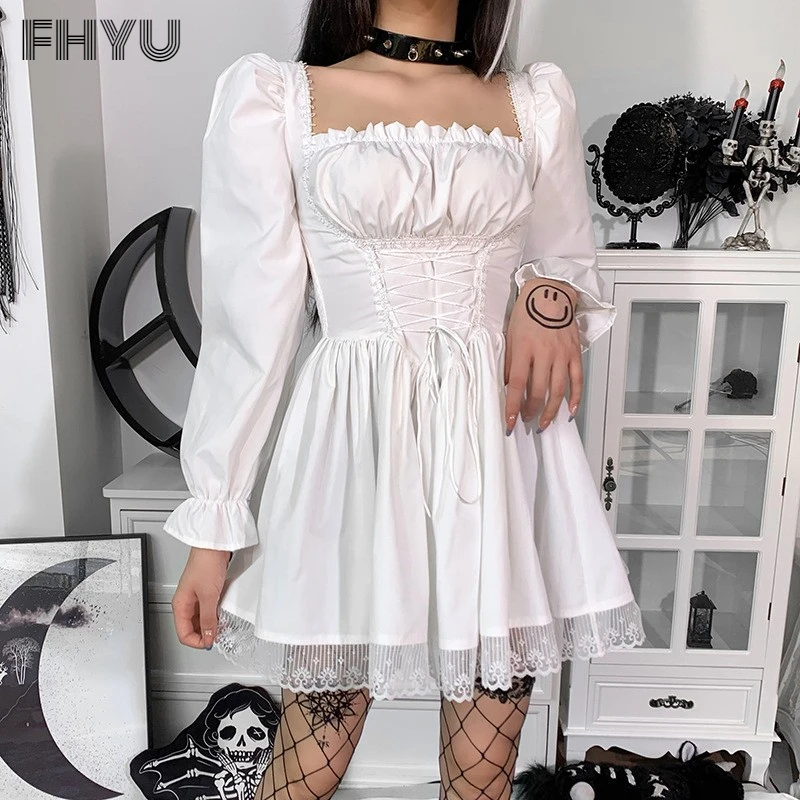 FHYU Gothic Diablo Style Lace Puff Sleeve Princess Dress Women Street Sexy Slim High Waist Bandage Short Skirt Female S~L 21071
FHYU Gothic Diablo Style Lace Puff Sleeve Princess Dress Women Street Sexy Slim High Waist Bandage Short Skirt Female S~L 21071