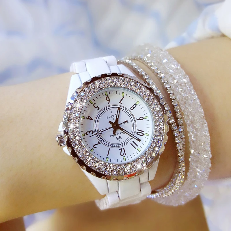 Часы наручные женские со стразами роскошные кварцевые модные белые с