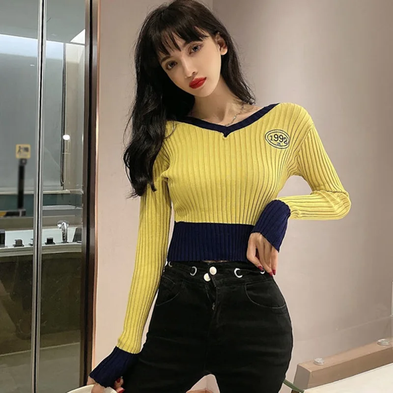 Women's T-Shirts Sexy V Neck Color Contrast T-shirt Spring Autumn Casual Navel Exposed Slim Long-sleeved Knit T-shirt Tops W1
Women's T-Shirts Sexy V Neck Color Contrast T-shirt Spring Autumn Casual Navel Exposed Slim Long-sleeved Knit T-shirt Tops W1