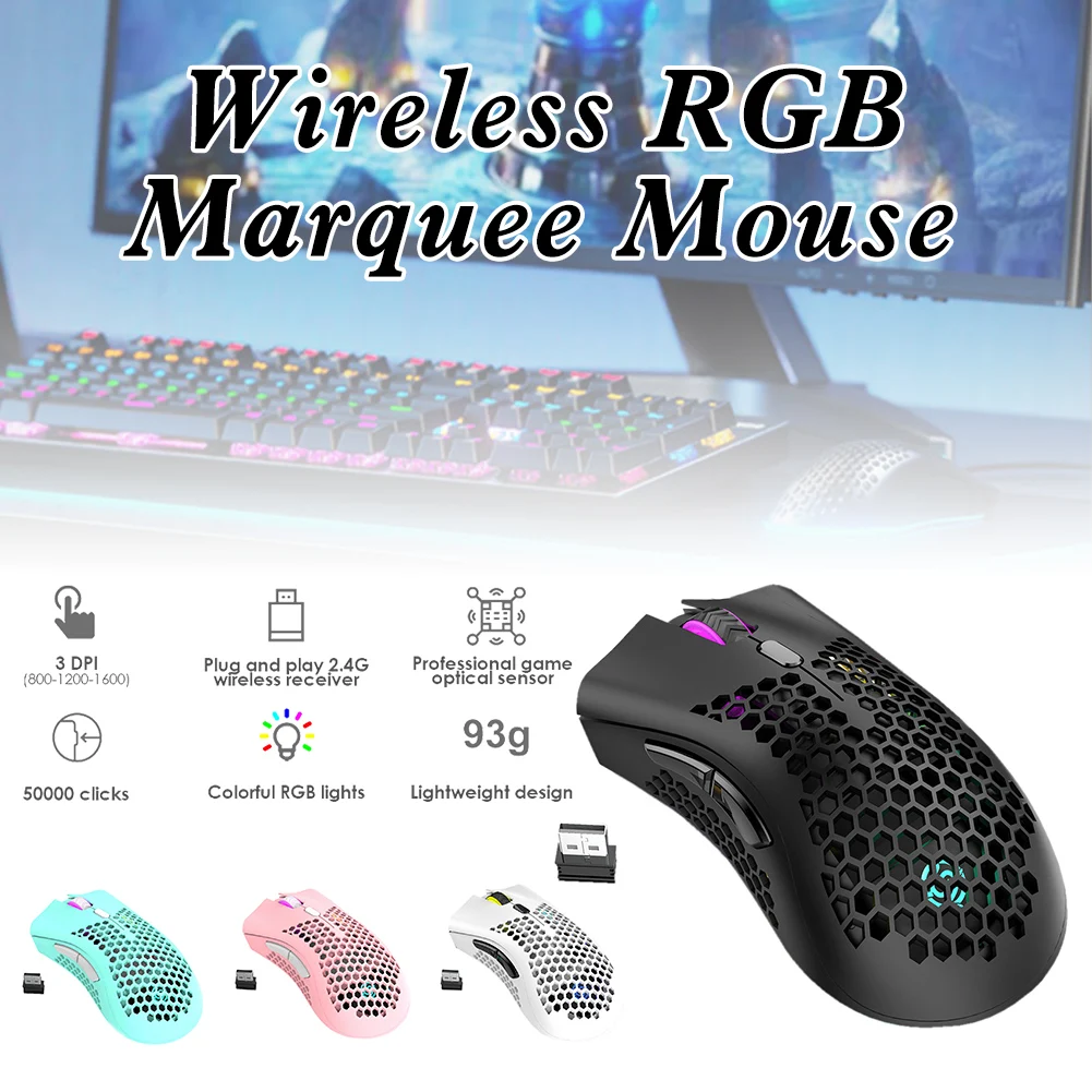 RGB 2.4G Wireless Gaming Mouse Ultra-Light Right Hand Mouse 7 Keys, 5 Light Modes, Up to 1600DPI
RGB 2.4G Wireless Gaming Mouse Ultra-Light Right Hand Mouse 7 Keys, 5 Light Modes, Up to 1600DPI