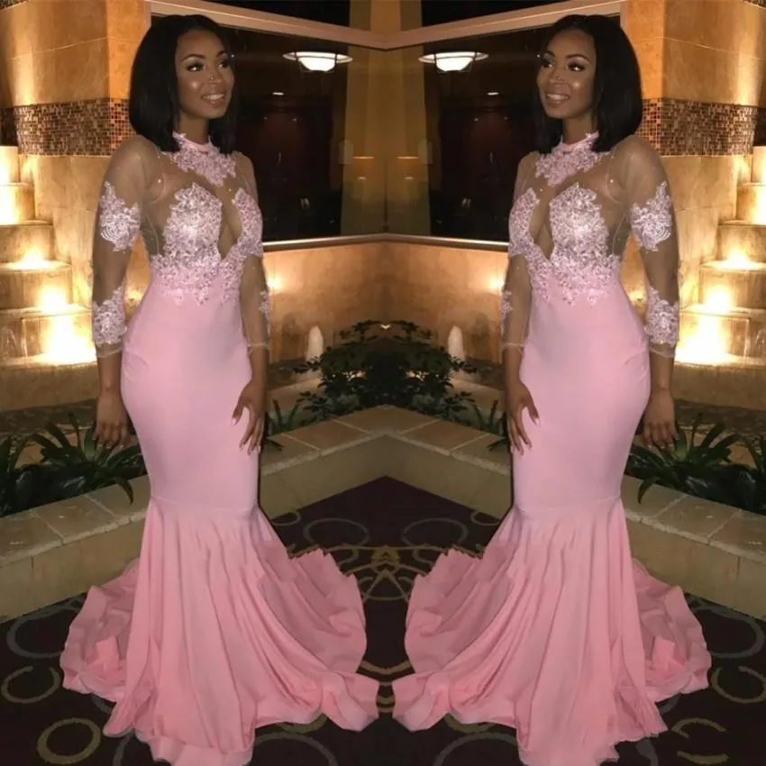 2020 Hot Sell Sheer Long Sleeves Prom Dresses African Blacks High Neck Sheer Appliqued Pink Evening Gowns vestidos de noiva
2020 Hot Sell Sheer Long Sleeves Prom Dresses African Blacks High Neck Sheer Appliqued Pink Evening Gowns vestidos de noiva