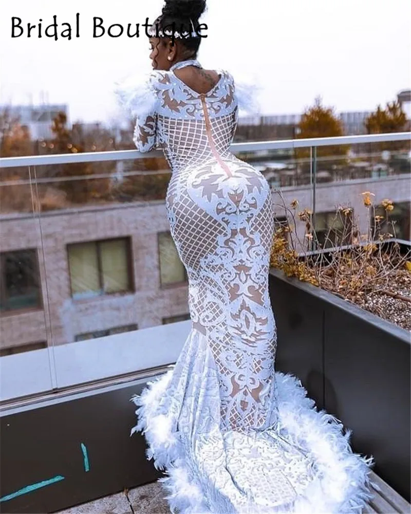 

Выпускное платье русалки с высоким воротом, новинка 2021, белое кружевное вечернее платье с длинным рукавом и бисером, с перьями