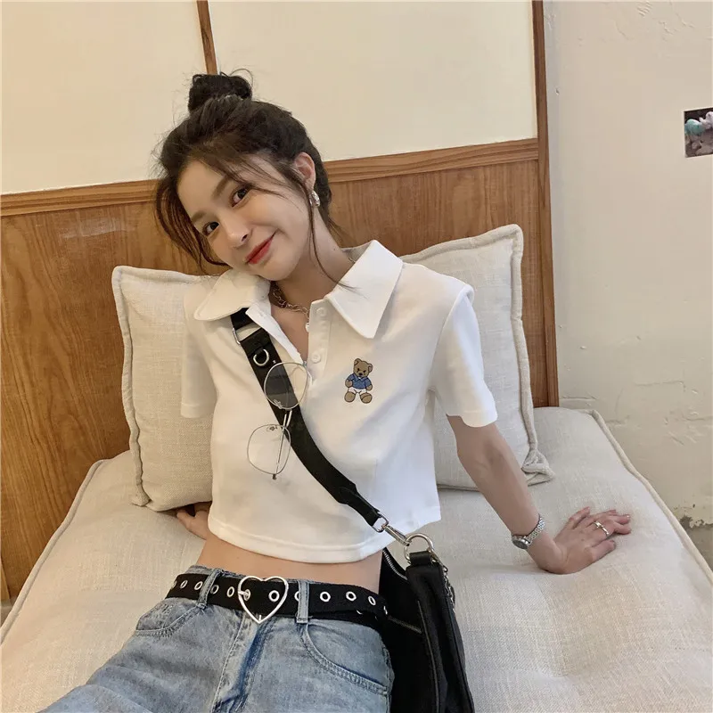 Short-sleeved Bear T-shirt Women's Spring 2021 New All-match Thin White Short High-waist Polo Collar Top with Navel
Short-sleeved Bear T-shirt Women's Spring 2021 New All-match Thin White Short High-waist Polo Collar Top with Navel