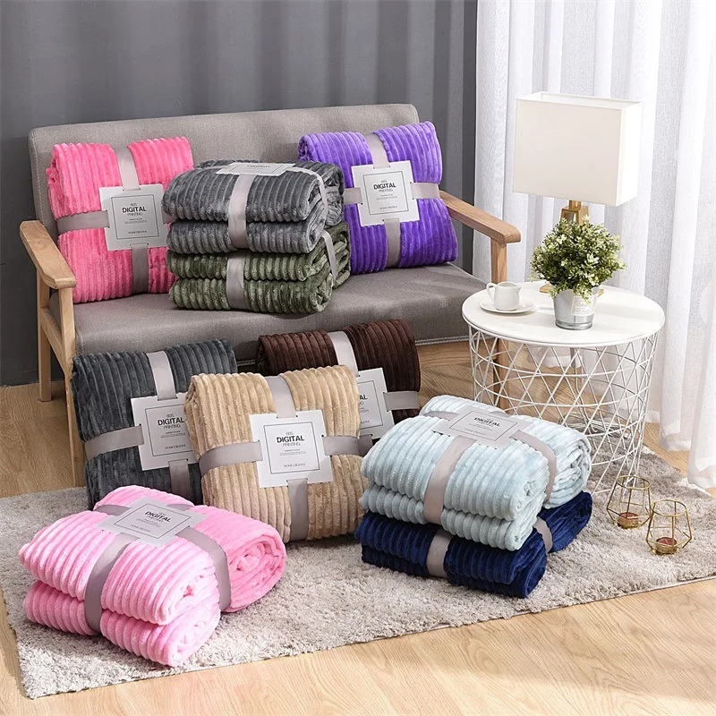 

17 Colors Striped Throw Blanket Solid Color Flannel Blankets Sofa Nap Blanket Yoga Blanket Coral Fleece Warm Fluffy Bedspread