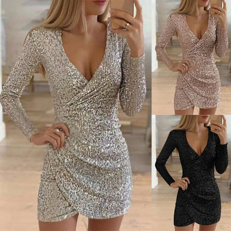 Sexy Women Dress Sequins Glitter Women V-neck Long Sleeve Self Cultivation Dresses Elegant Ladies Evening Party Dress Vestidos
Sexy Women Dress Sequins Glitter Women V-neck Long Sleeve Self Cultivation Dresses Elegant Ladies Evening Party Dress Vestidos