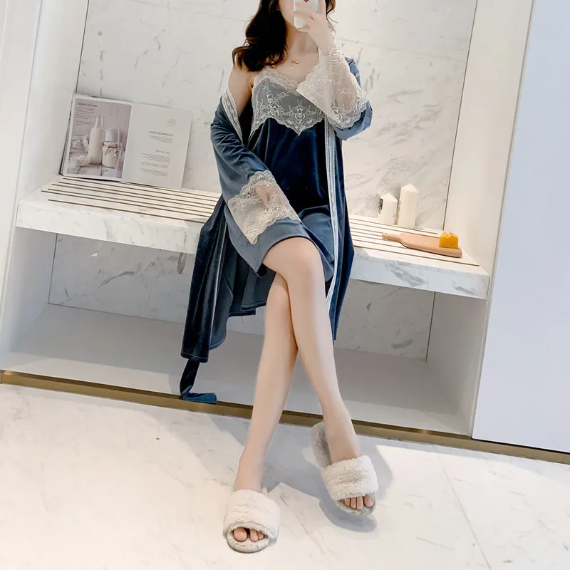 Velvet Female Home Clothing Kimono Robe Set Lingerie Velour Women Autumn New Homewear Sleepwear Lace Sexy Nightwear Intimate
Velvet Female Home Clothing Kimono Robe Set Lingerie Velour Women Autumn New Homewear Sleepwear Lace Sexy Nightwear Intimate