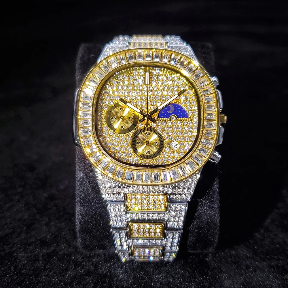 Hip Hop MISSFOX Baguette Diamond Men Watch Quartz Calendar Clock Luxury Brand Moon Phase Gold Watch Waterproof Golden Timepiece
Hip Hop MISSFOX Baguette Diamond Men Watch Quartz Calendar Clock Luxury Brand Moon Phase Gold Watch Waterproof Golden Timepiece