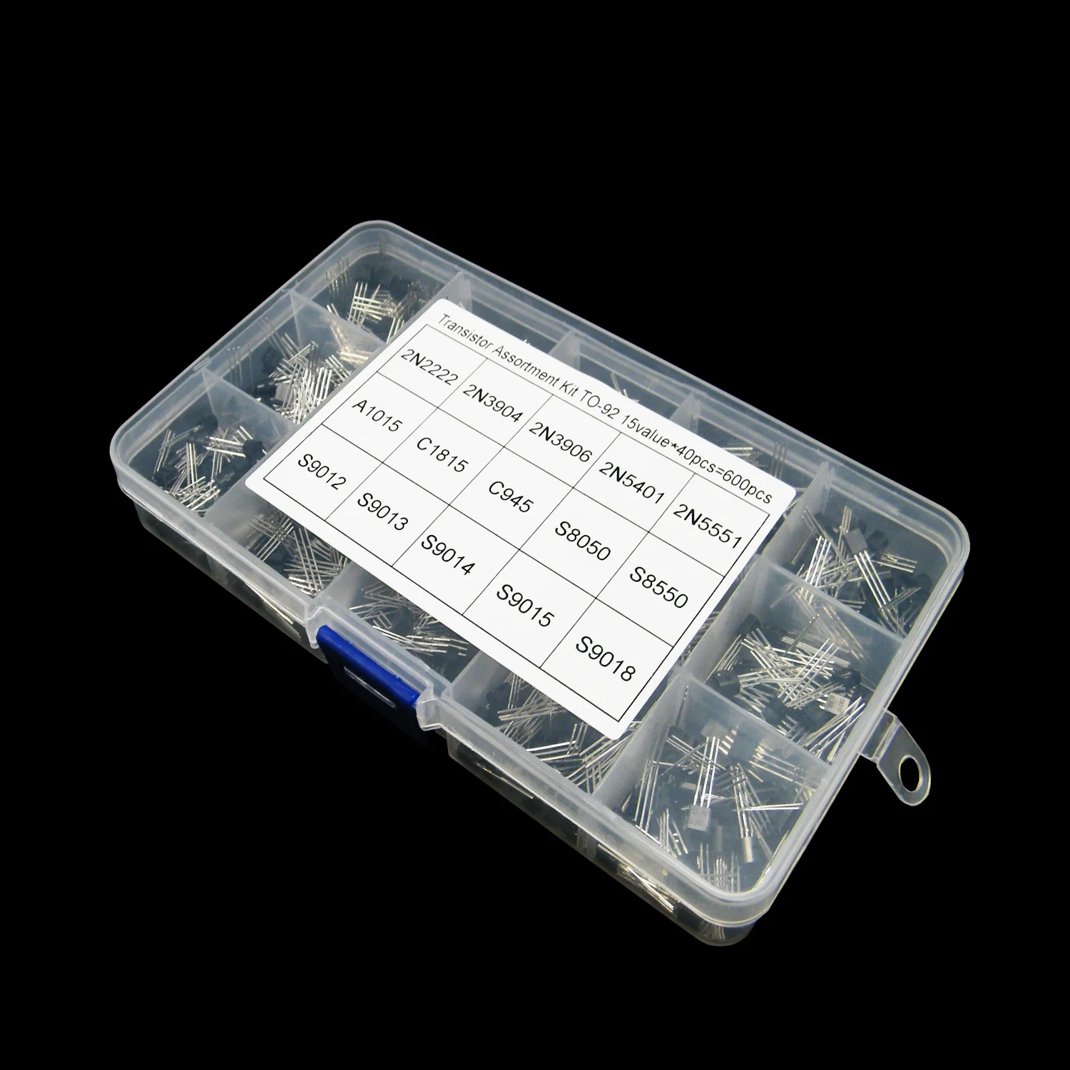 15 Value*40 Pcs=600Pcs TO-92 Transistor Box Kit Assortment C945 S8050 S8550 S9014 S9013 2N2222 2N3904 2N3906 2N5401 2N5551 A1015
15 Value*40 Pcs=600Pcs TO-92 Transistor Box Kit Assortment C945 S8050 S8550 S9014 S9013 2N2222 2N3904 2N3906 2N5401 2N5551 A1015