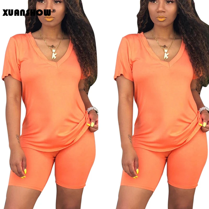 XUANSHOW Jogging V-neck Short Sleeved Regular Tshirt with Straight Tight Shorts Solid Color Knitted 2 Piece Set Ropa De Mujer
XUANSHOW Jogging V-neck Short Sleeved Regular Tshirt with Straight Tight Shorts Solid Color Knitted 2 Piece Set Ropa De Mujer